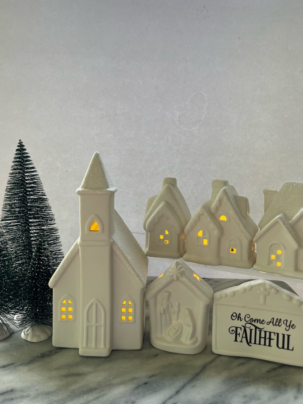 White Ceramic Christmas Village Set O Come All Ye Faithful Light Up 6 bisque pcs